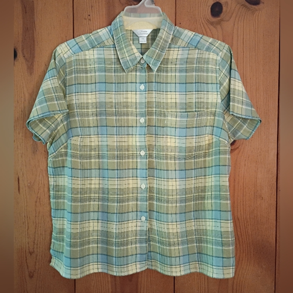 CJ Banks Plaid Pastel Linen Button Front Shirt Short Sleeve NWOT
